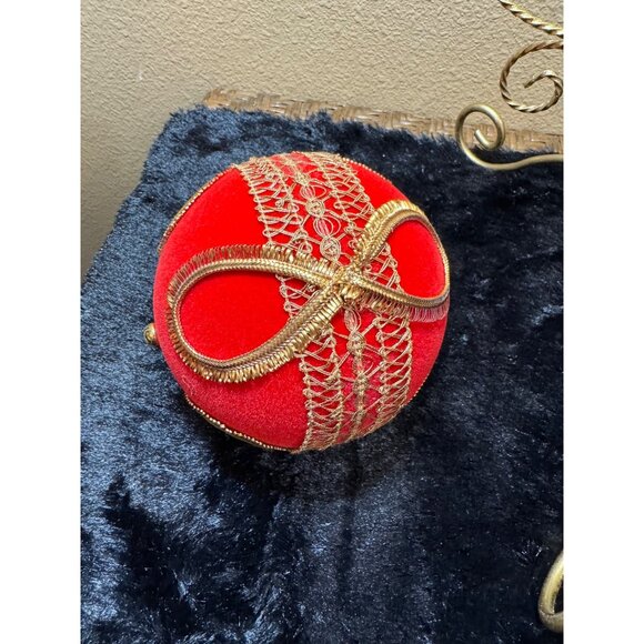 Vintage West Germany Koestel Christmas Ornaments 5 " BALL Red Velvet Gold - Picture 6 of 11